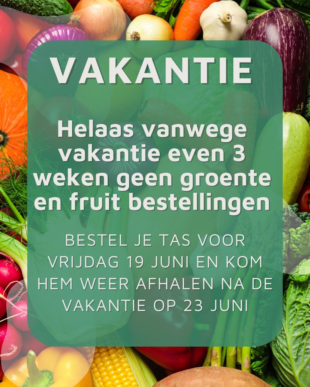 Vanwege onze vakantie even 3 weken geen groente/fruit bestellingen. Maar bestel gerust vast voor na de vakantie!

Bestel voor vrijdag 19 juni en dan zorgen wij dat er een tas met verse groente en fruit voor je klaar staat op 23 juni. 

Bestel je wekelijks? Dan hoef je niks door te geven en staat er natuurlijk ook voor jou gewoon weer een tas klaar.