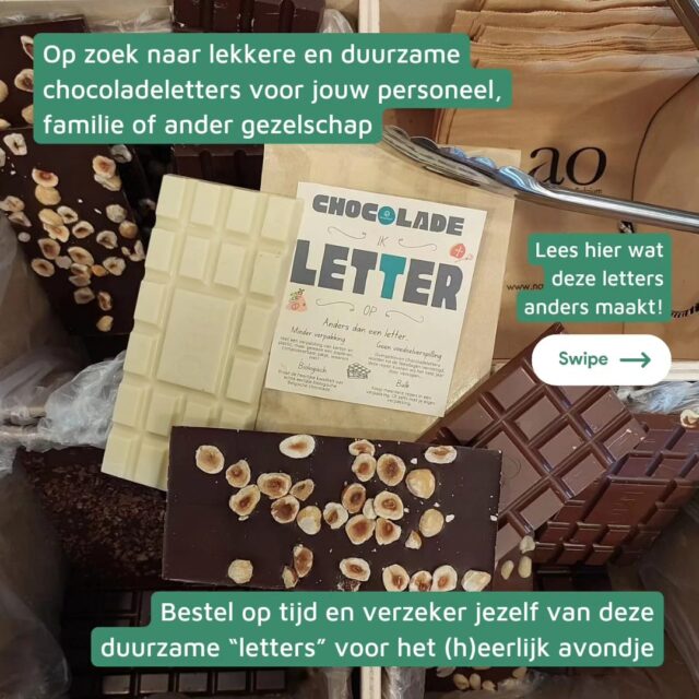 Duurzame chocolade "letters" voor ieder gezelschap.

(H)eerlijk avondje komt er alweer aan! Dat betekent dat jij weer op zoek bent naar lekkere chocolade voor jouw personeel, familie of ander gezelschap.

Wij hebben het duurzame alternatief voor deze lekkernijen.

Wist jij dat na de feestdagen een groot gedeelte van alle letters wordt vernietigd?😲

Wij verkopen deze chocolade het hele jaar door en hoeven daardoor niks weg te gooien.

Daarnaast zit onze chocolade in composteerbare papieren zakjes, maar je kunt ze ook #verpakkingsvrij kopen.

Neem contact op of kom gezellig even langs in de winkel om deze chocolade"letters" te bestellen.